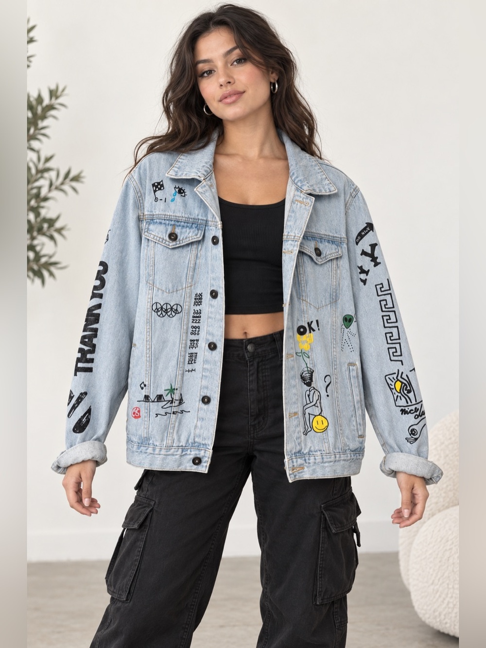 Y2K Graffiti Graphic Light Wash Denim Jacket